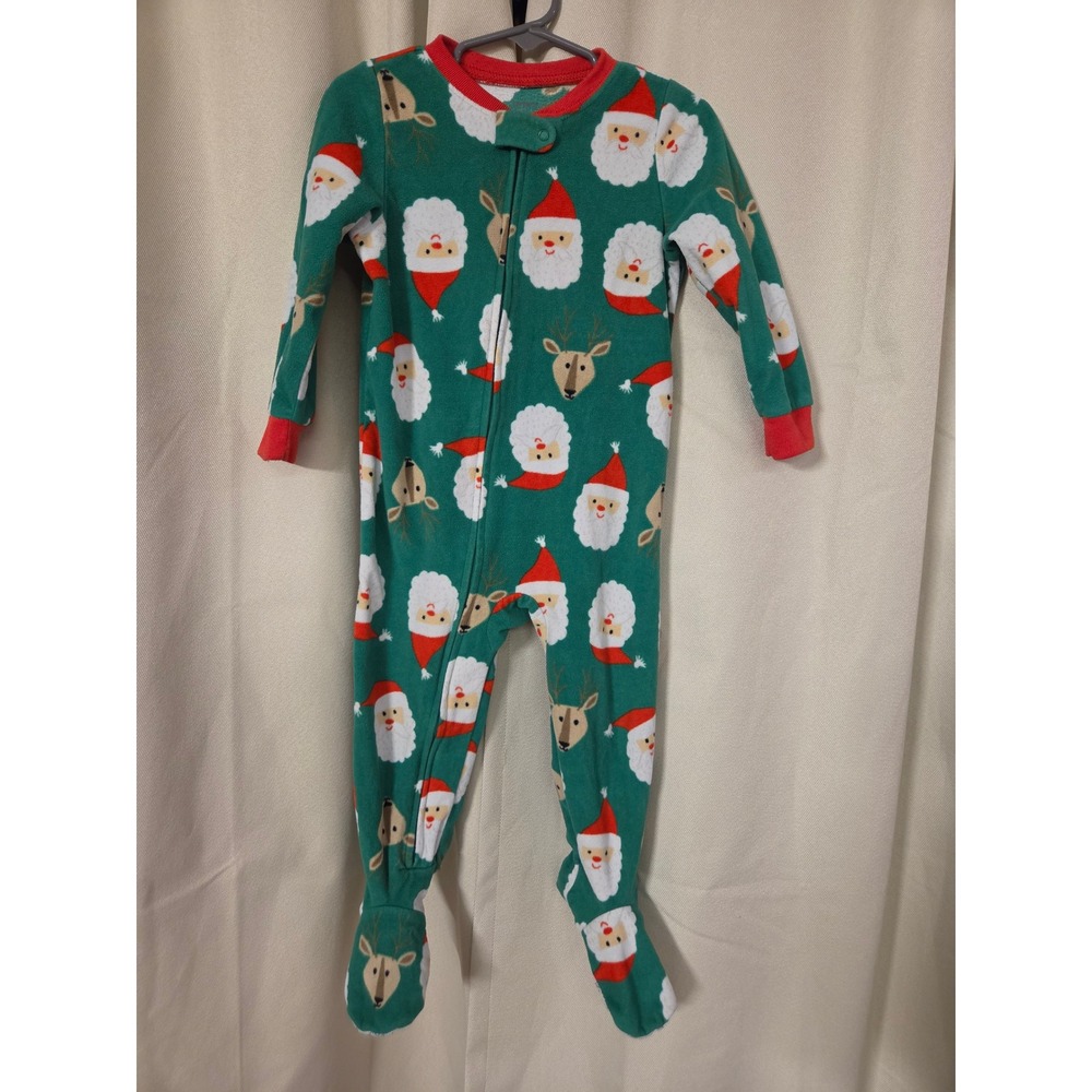Carters Christmas Santa Reindeer Fleece Footed Pajamas Green 24 Months